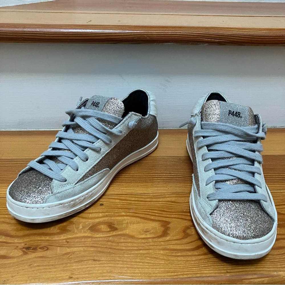 P448 John Rose Gold Silver Glitter Yeti Calf Hair Suede Sneakers size 36, 6, 6.5